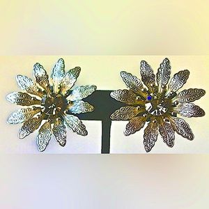 JUDY LEE EARRINGS CLIP ON SUN SMOKE FLOWER CRYSTAL VINTAGE
